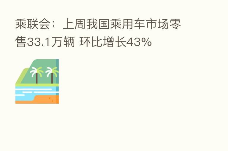 乘联会:上周我国乘用车市场零售33.1万辆 环比增长43%